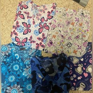 LOT OF 5 PRINTED SCRUB TOPS- stretchy performance material